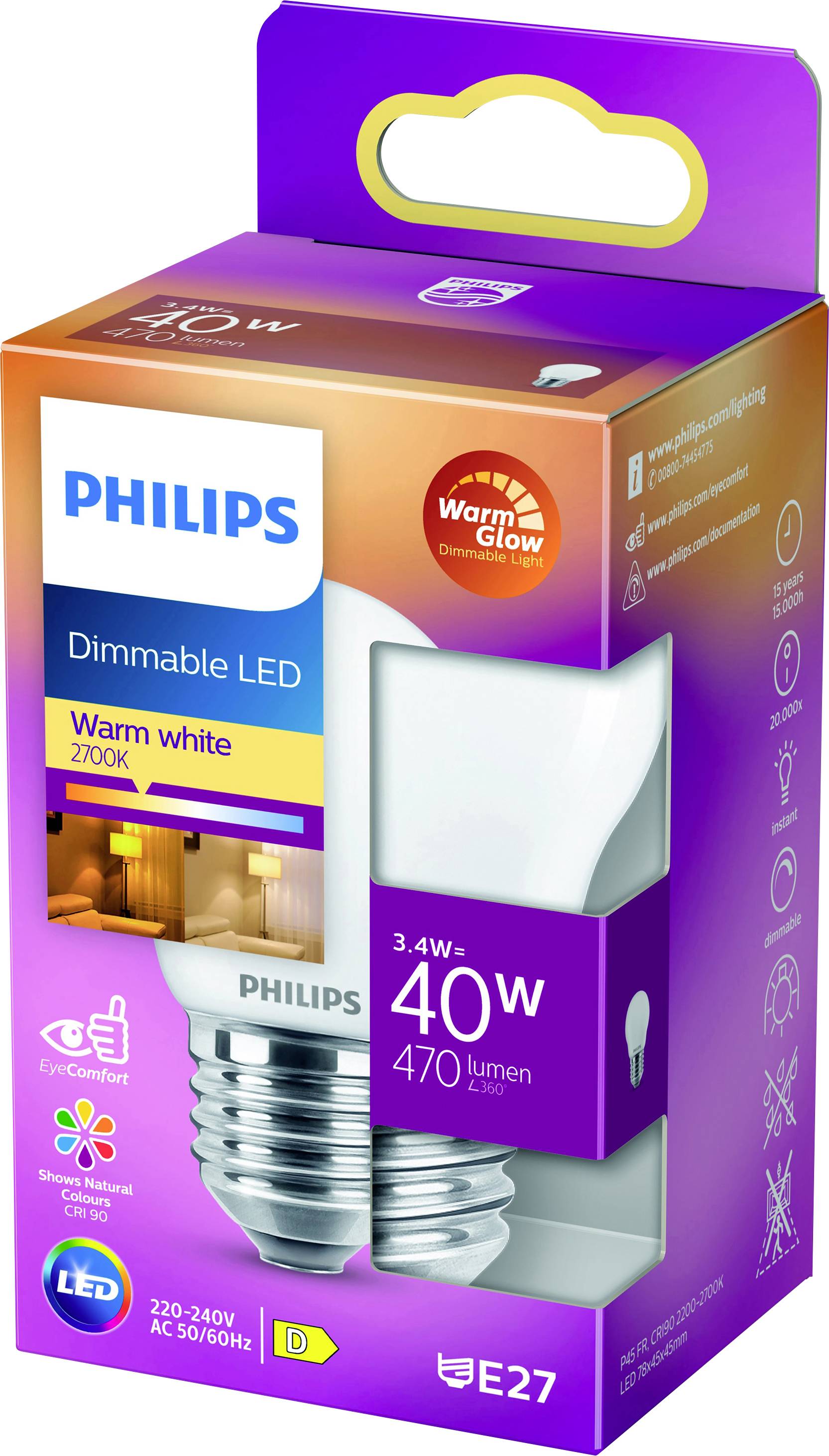 Philips ampoule LED dimmable, blanc chaud 2700K, 3,4W équivalent 40W, 470 lumens, culot E27, économie d'énergie. L'emballage présente les informations du produit et une illustration de l'ampoule.