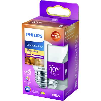 Philips ampoule LED dimmable, blanc chaud 2700K, 3,4W équivalent 40W, 470 lumens, culot E27, économie d'énergie. L'emballage présente les informations du produit et une illustration de l'ampoule.