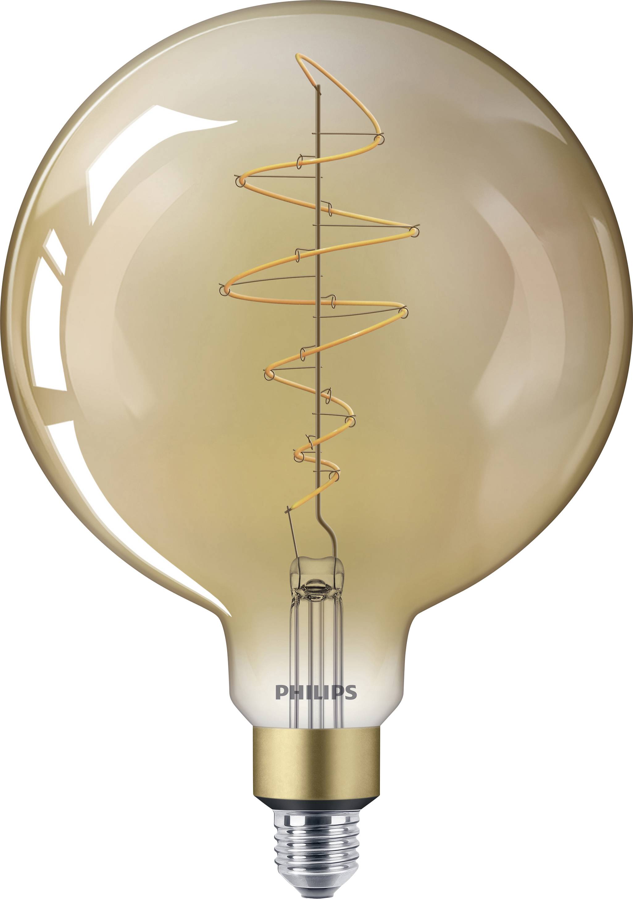Une grande ampoule ronde avec un filament spiralé visible et une douille E27. La marque 'Philips' est visible sur le socle.