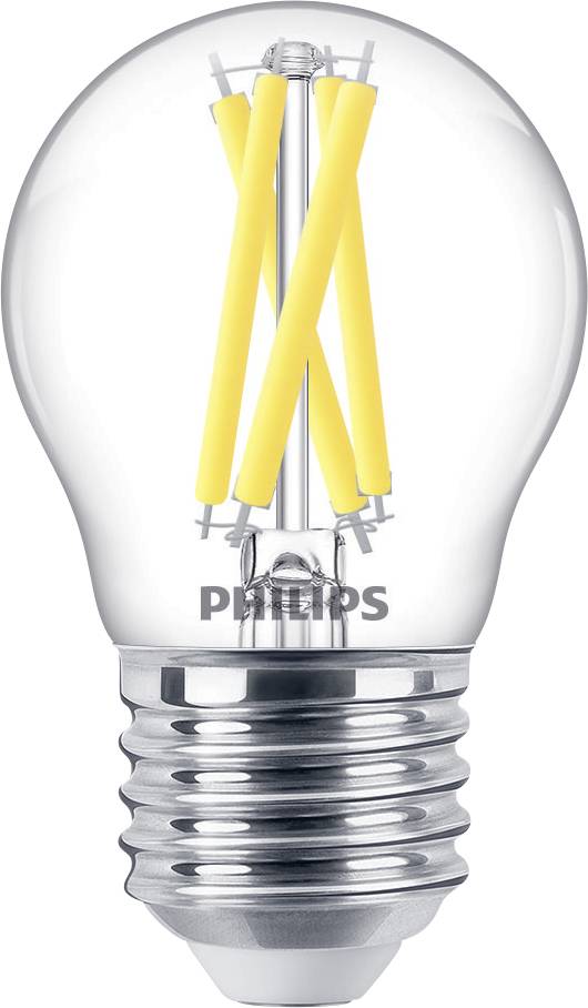 Ampoule LED à filament, verre transparent et douille argentée. Marque distinctive sur le verre. Économe en énergie et moderne.