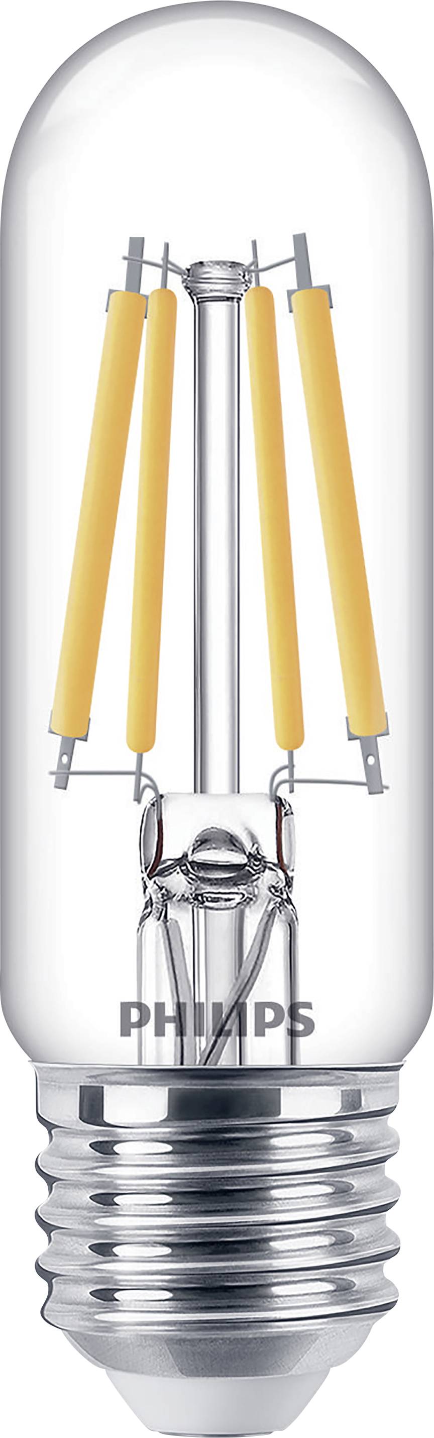 Ampoule LED transparente de Philips avec filaments apparents et un socle argenté.