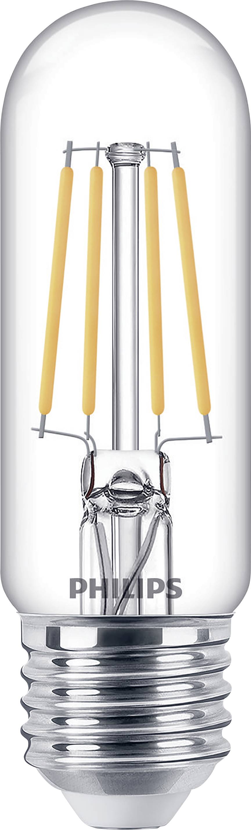 Une ampoule LED transparente avec des filaments visibles. Marquage : 'Philips'.