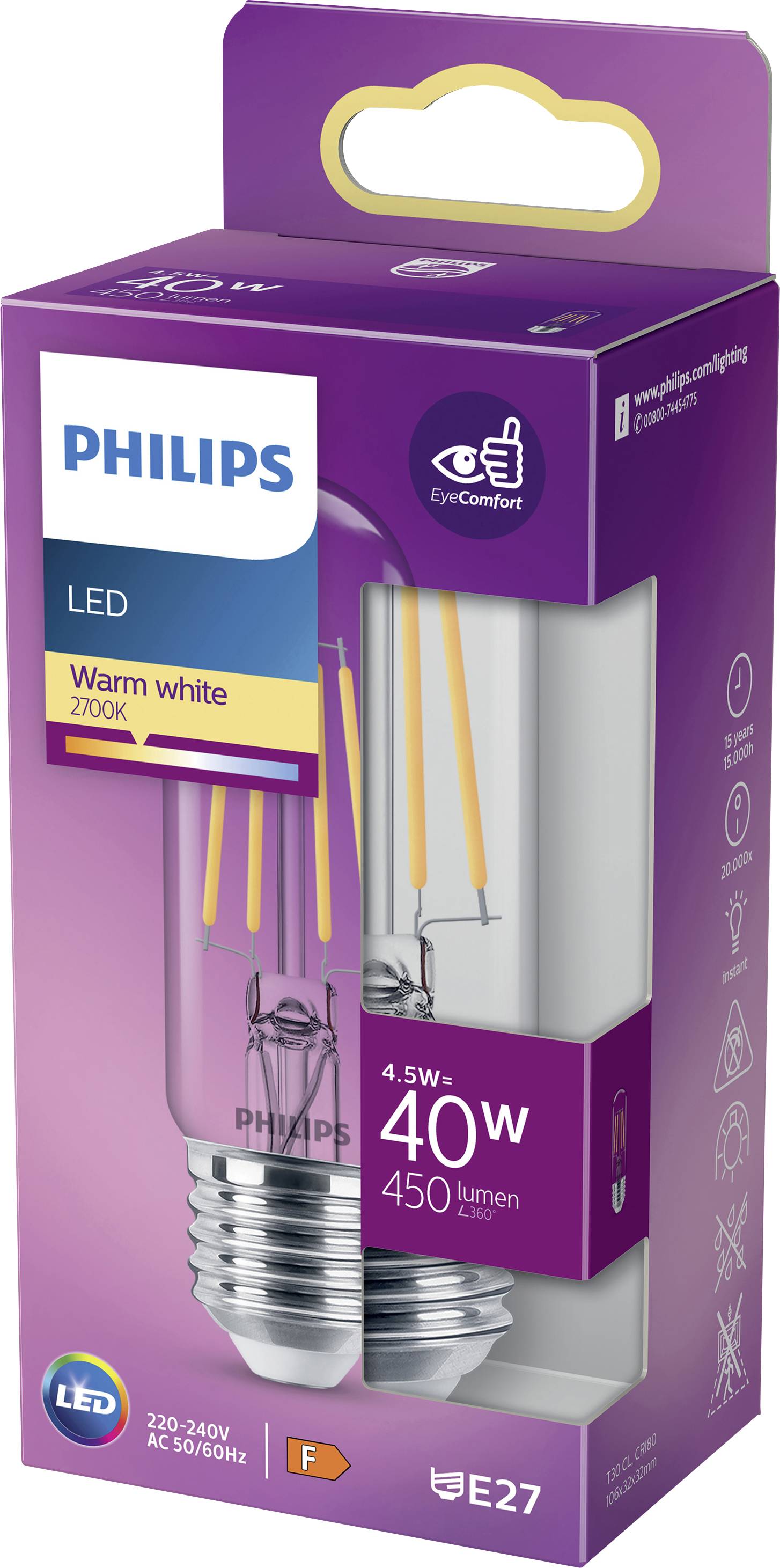 Ampoule LED Philips dans son emballage. Désignation : 'Blanc chaud 2700K', flux lumineux : 450 lumens, équivalent 40W. Culot E27.
