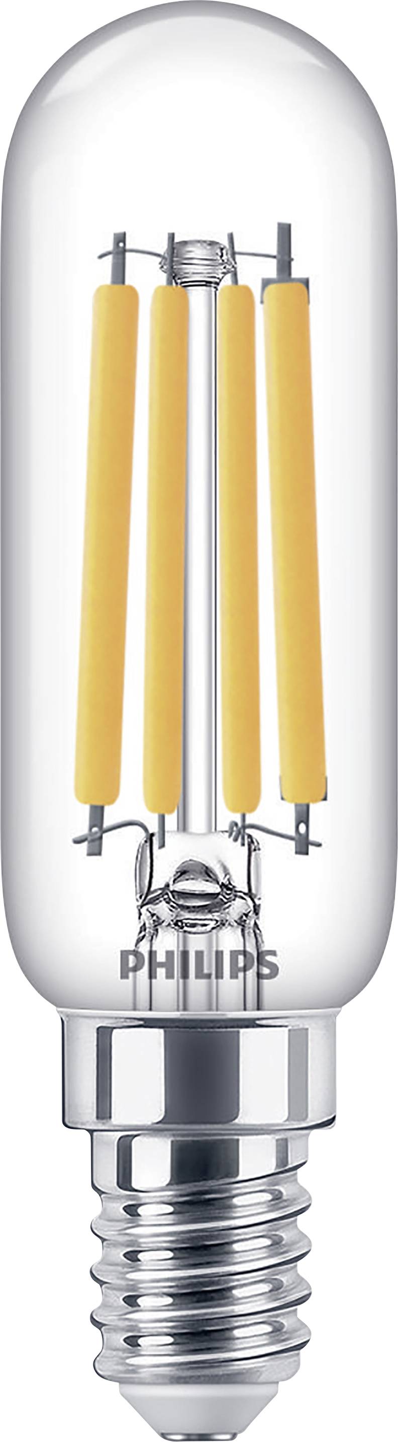 Ampoule à filament avec technologie LED et douille E14, marque Philips. Elle combine une forme classique avec une technique LED moderne.