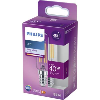 L'emballage d'une ampoule LED Philips présente une lampe de 4,5W, 450 lumens, avec une lumière blanche froide (4000K) et une douille E14.
