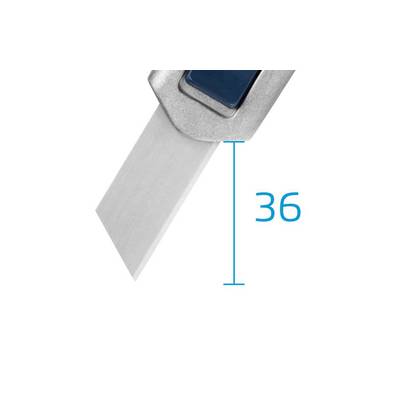 Un cutter avec une lame dépassant et le chiffre '36', probablement représentant la longueur de la lame en millimètres.