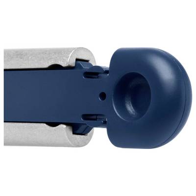 Une pièce en plastique bleue d'un mécanisme métallique, probablement une articulation ou un connecteur, de forme cylindrique avec une ouverture.