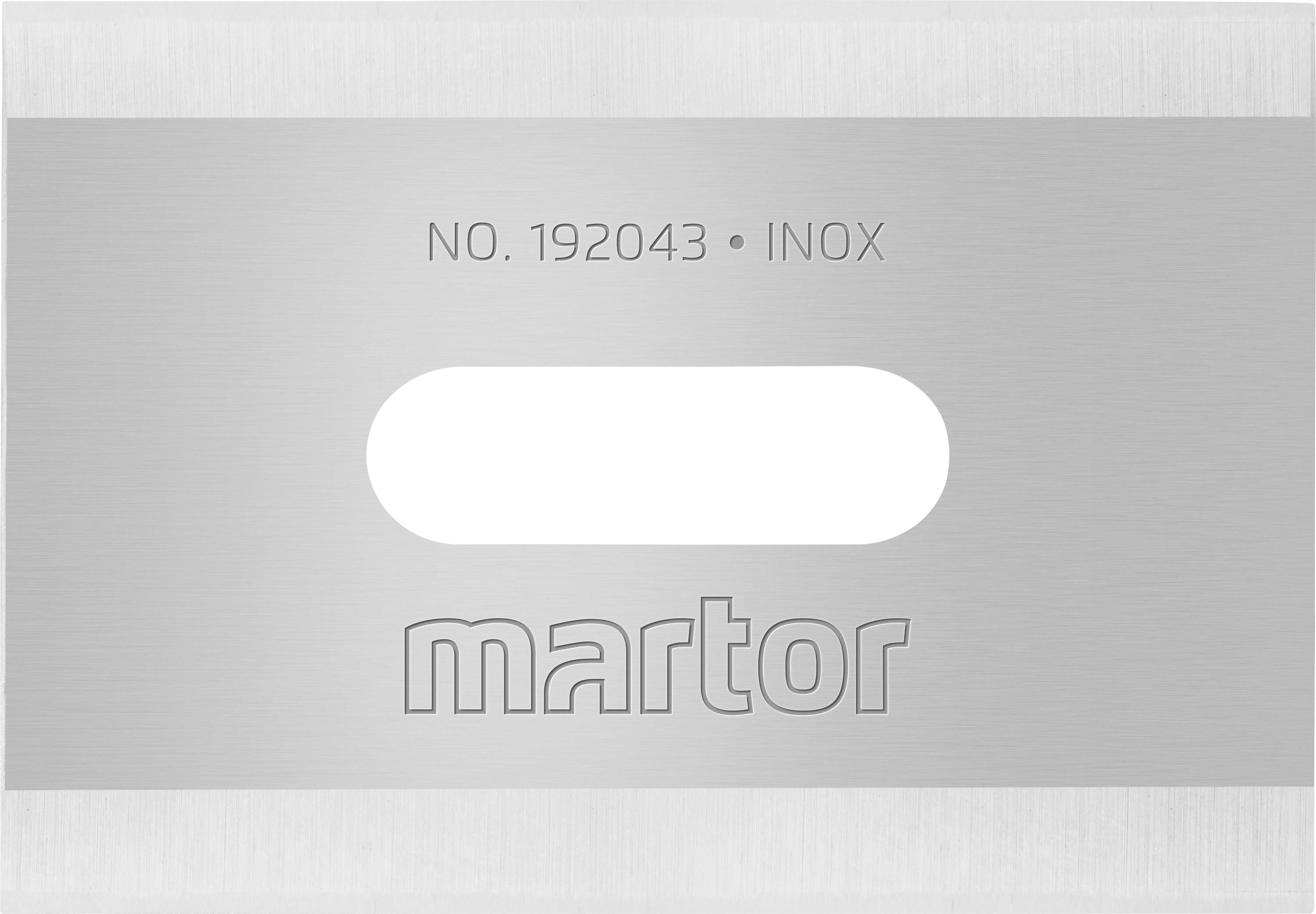 Lame de couteau Martor en acier inoxydable portant l'inscription 'NO. 192043 INOX'. Forme rectangulaire avec une ouverture ovale au centre.