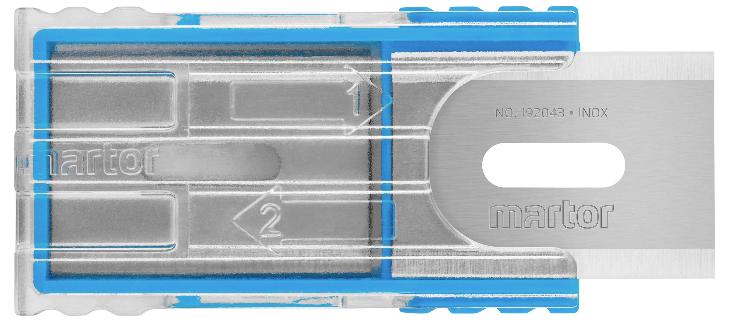 Un couteau de sécurité avec une poignée bleue et un protège-lame transparent, montrant une lame visible et des flèches indiquant son utilisation.