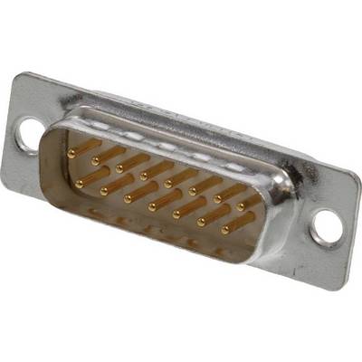 Connecteur D-sub métallique avec 15 broches dorées dans un boîtier rectangulaire, montré en gros plan sur fond blanc.