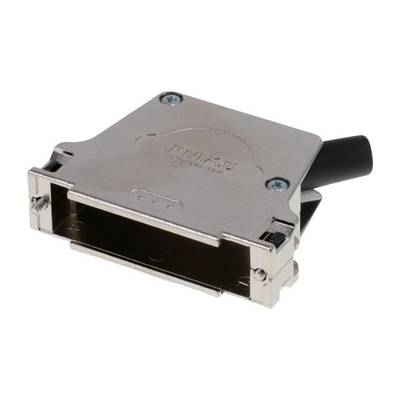 Connecteur D-Sub métallique, forme rectangulaire, deux vis, câble noir à l'arrière. Utilisé dans les connexions électriques.