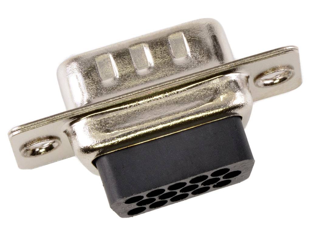 Un connecteur VGA à 15 broches disposées en trois rangées, utilisé pour connecter des ordinateurs à des moniteurs ou des projecteurs.