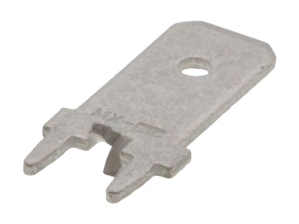 Petite plaquette métallique rectangulaire avec deux broches et un trou central, probablement un connecteur électronique.