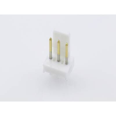 Un connecteur électronique rectangulaire blanc avec trois broches métalliques dorées orientées vers le haut.