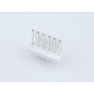 Un connecteur en plastique blanc avec six broches métalliques sur fond blanc. Adapté pour les connexions électroniques.