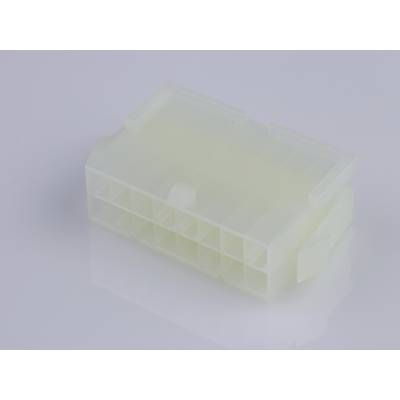 Un connecteur rectangulaire blanc en plastique avec plusieurs emplacements, adapté aux connexions électroniques, repose sur une surface lisse.