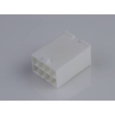 Un connecteur blanc rectangulaire à six broches, reposant sur une surface lisse.