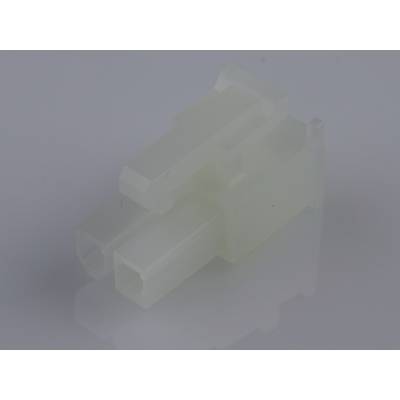Un connecteur en plastique transparent avec deux fiches rectangulaires parallèles sur une surface réfléchissante.