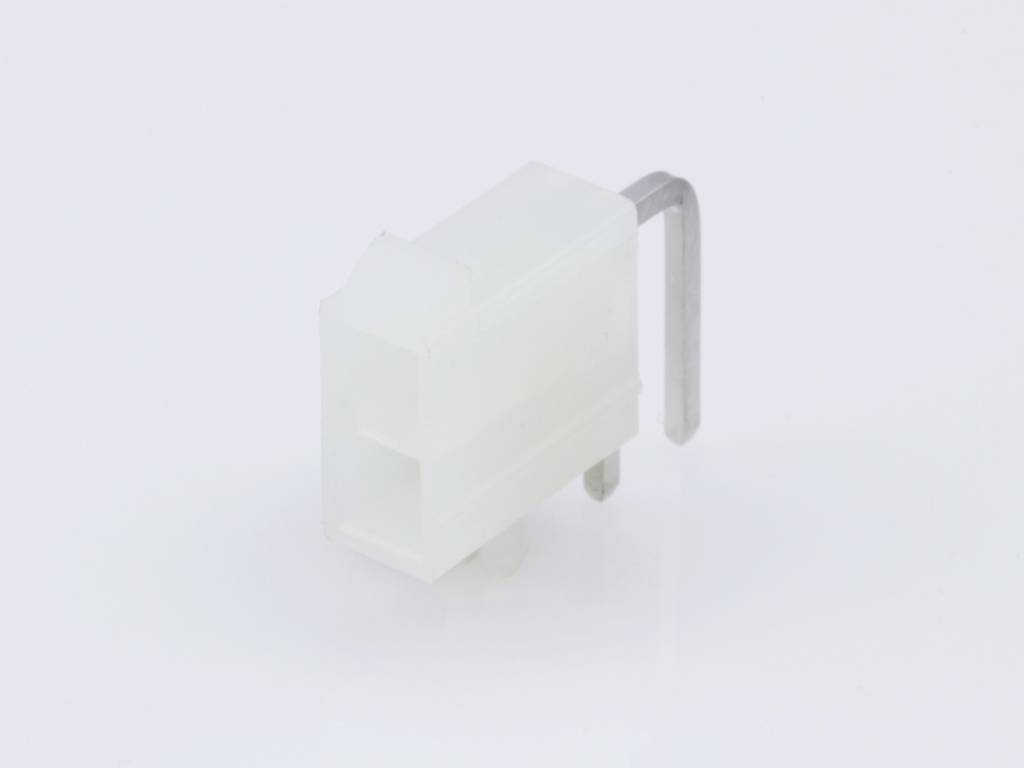 Un connecteur en plastique blanc avec une pince métallique sur le côté, isolé sur un fond clair. Fréquemment utilisé en électronique.