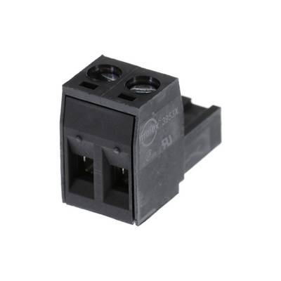 Connecteur bipolaire en plastique noir, représenté de face. En profil, un design rectangulaire avec deux vis à filetage est visible.