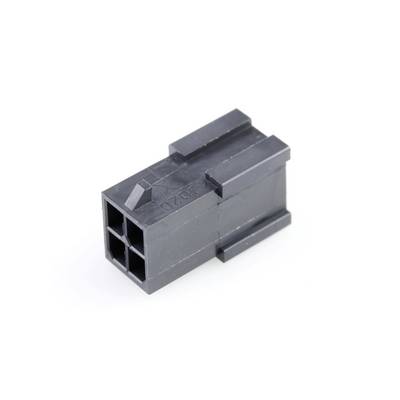 Connecteur en plastique noir avec quatre bornes carrées, avec rails de guidage latéraux. Conception pour connexions électroniques.