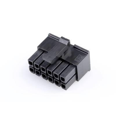 Connecteur rectangulaire noir avec douze broches carrées, disposées en deux rangées, représenté sur un fond blanc.