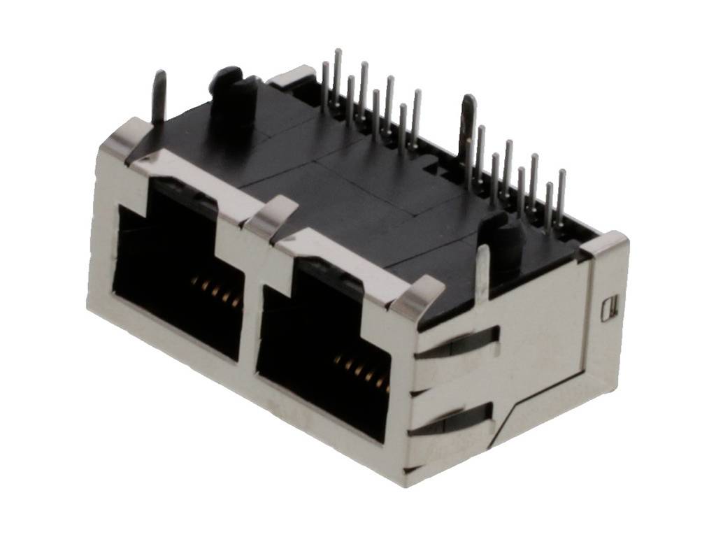 Double connecteur RJ45, métallique, pour montage sur circuit imprimé, vue de dessus avec broches de contact visibles.