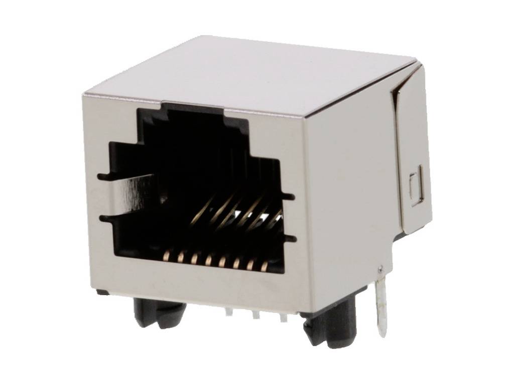 Un connecteur Ethernet argenté unique avec des contacts en cuivre visibles.