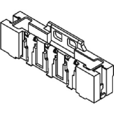 Dessin technique : Composant électronique rectangulaire, doté de plusieurs emplacements verticaux de connexion et d'un crochet de montage supérieur.