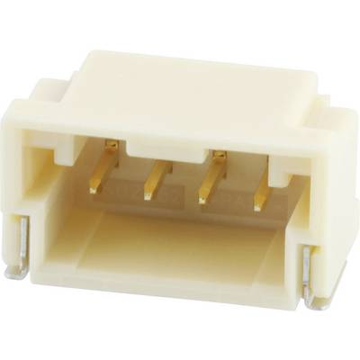 Connecteur électrique à quatre broches dorées dans un boîtier rectangulaire en plastique.