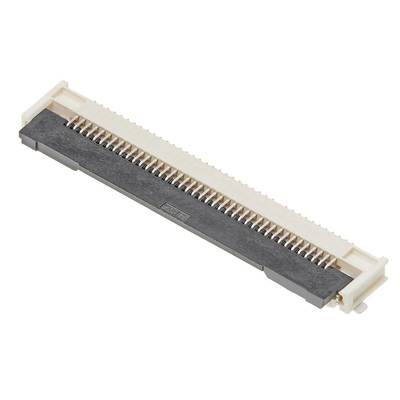 Un connecteur électrique rectangulaire à broches métalliques disposées en deux rangées, adapté pour la connexion de cartes de circuits imprimés.