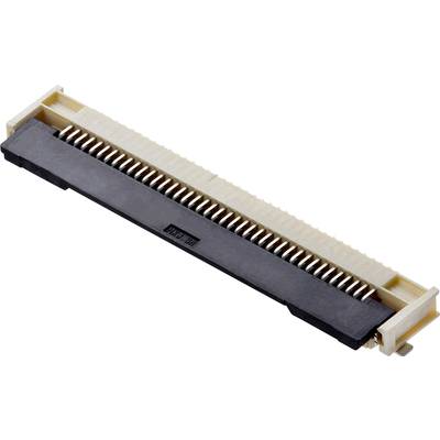 Un connecteur électronique blanc et noir avec plusieurs broches métalliques au centre.