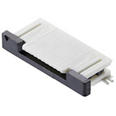 Un connecteur électrique blanc rectangulaire avec deux extrémités noires. Le connecteur présente des encoches latérales et de petites broches.