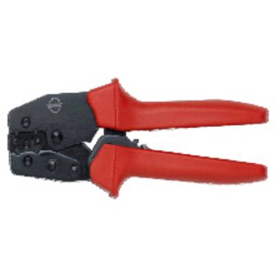 Une pince à sertir rouge avec une pince métallique noire, utilisée pour connecter des câbles. Adaptée aux artisans et aux bricoleurs.