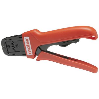 Pince à sertir rouge de Molex avec poignée noire, utilisée pour fixer de manière sécurisée les connexions de câbles.
