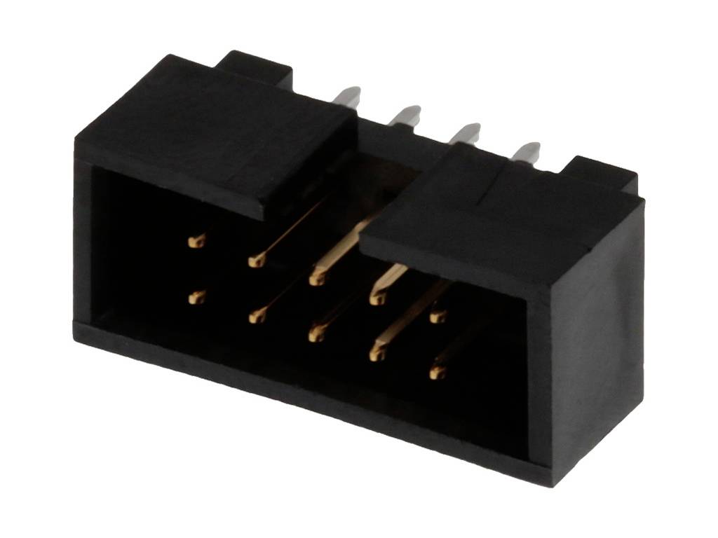 Connecteur noir à six pôles avec contacts dorés, adapté aux connexions électroniques sur circuits imprimés.