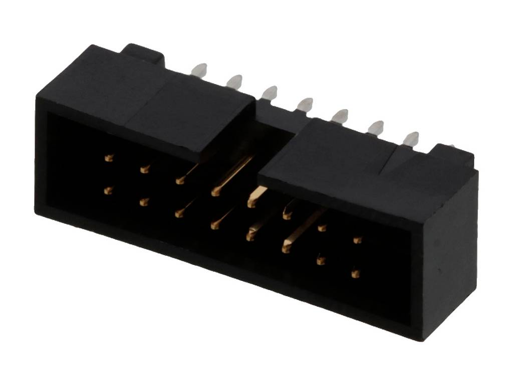 Un boîtier rectangulaire noir avec plusieurs broches métalliques. Il ressemble à un connecteur électrique utilisé dans l'électronique.