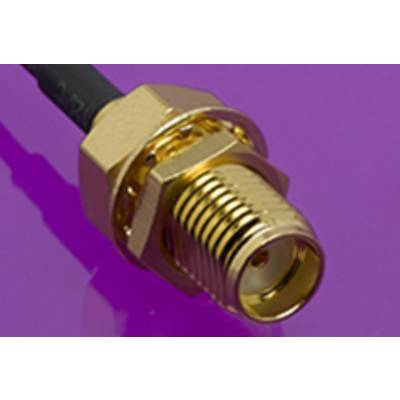 Une prise coaxiale dorée sur un fond violet, montrant le côté de connexion d'un câble.
