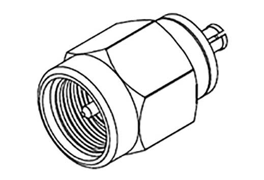 Dessin technique d'un connecteur F, vue latérale de dessus, montrant le filetage et les broches métalliques centrales.