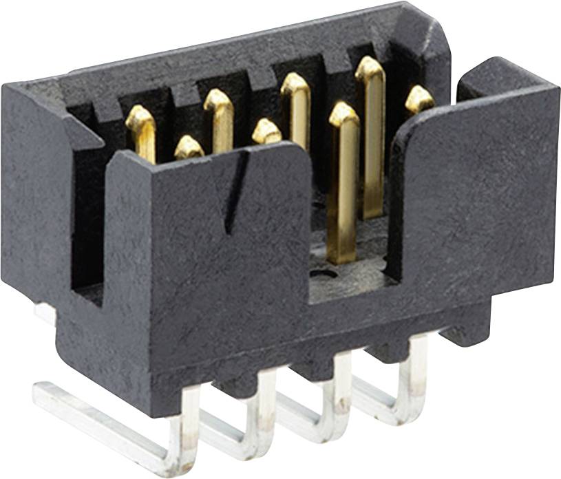 Un connecteur électrique noir avec plusieurs broches dorées disposées verticalement. Adapté pour les connexions électroniques.