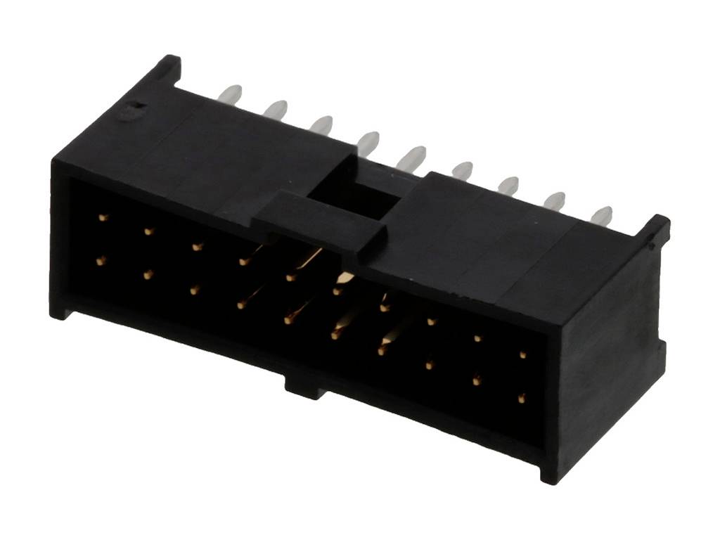 Un connecteur électrique noir rectangulaire avec plusieurs broches de contact dorées, adapté aux appareils électroniques.