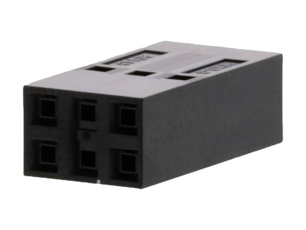 Un connecteur noir en plastique avec six points de connexion disposés en deux rangées.
