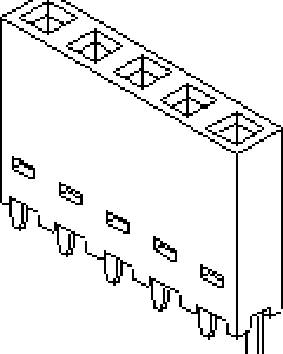 Connecteur encastrable en vue isométrique avec plusieurs broches en bas et des ouvertures rectangulaires en haut, représenté dans un diagramme stylisé.
