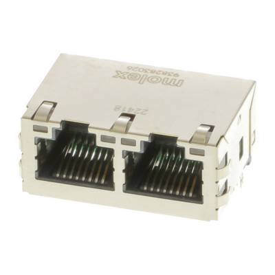 Un double connecteur Ethernet RJ-45 de Molex, adapté aux connexions de câbles réseau.