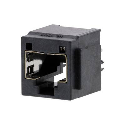 Prise RJ45, boîtier en plastique noir, pour connexions Ethernet. Dispose de huit broches et est conçue pour le câblage réseau.