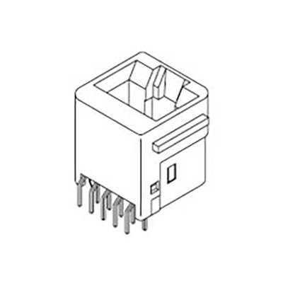 Illustration d'un connecteur de prise RJ45 Ethernet avec plusieurs broches sur sa face inférieure pour un montage sur circuit imprimé.