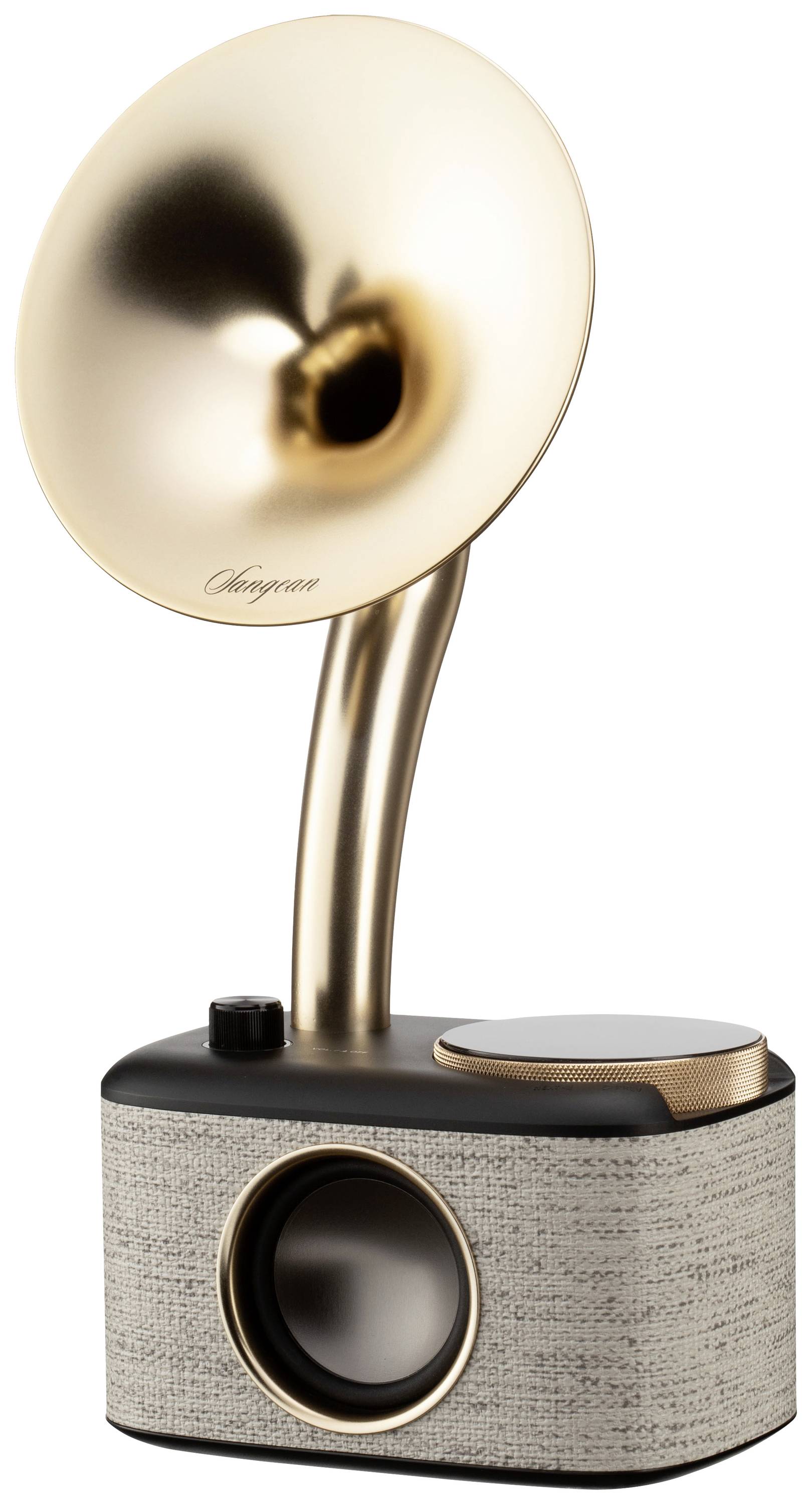 Un système audio rétro avec un haut-parleur cornet doré et un boîtier en bois.