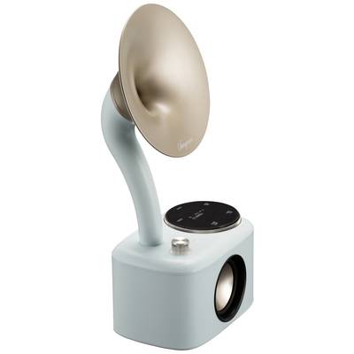 Enceinte portable au design rétro avec trompette couleur cuivre. Bouton de commande et commandes situés sur le dessus.