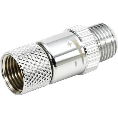 Un adaptateur en métal argenté à surface rainurée et filetage aux deux extrémités, servant à raccorder des tuyaux ou des tubes.