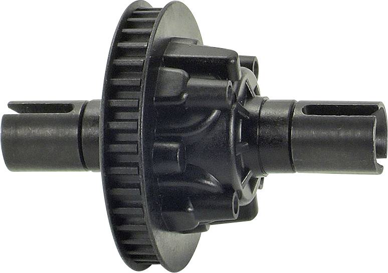 Roue dentée noir et grise avec deux connexions d'axe opposées, probablement partie intégrante d'un mécanisme de transmission.